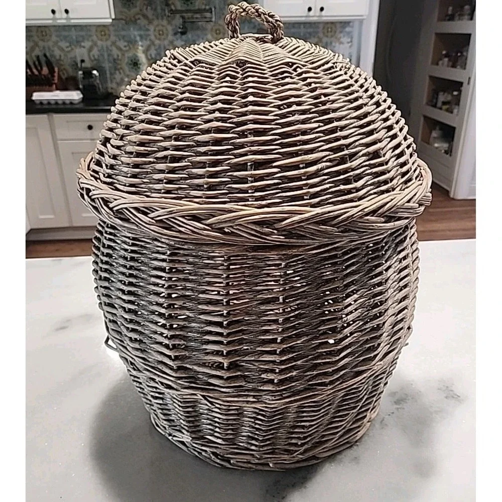 French-style Rustic Wicker Onion or Potato Storage Basket Hopper Style With Lid